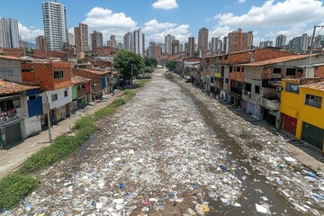 A heavily polluted river runs through a densely populated urban neighborhood, with visible trash and debris, highlighting environmental challenges in cities.
