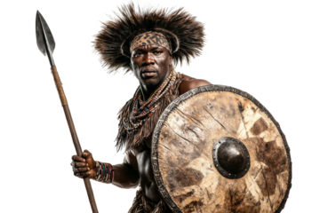 A Zulu warrior holding a spear and shield, isolated against a clean white backdrop