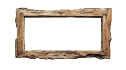 Rustic rectangular frame made of light wood on a transparent background