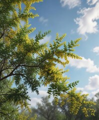 Fototapeta premium Foliage of Climbing Wattle tree against a blurred sky , landscape, botanical