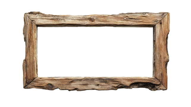 Rustic rectangular frame made of light wood on a transparent background