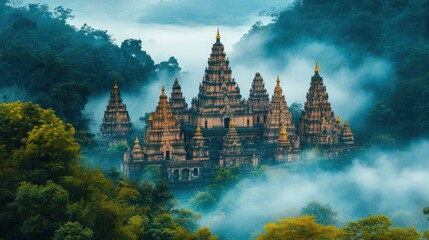 Majestic Temples Amidst Misty Forests