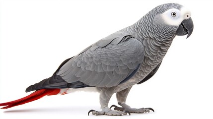 Naklejka premium Stunning Portrait of an African Grey Parrot Against a White Background