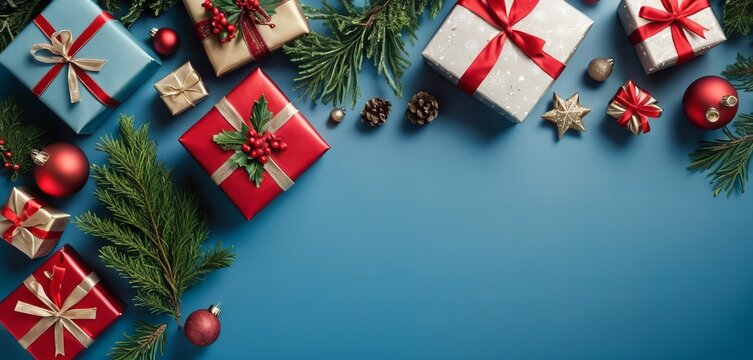 blue Christmas background adorned with red and gold ornaments, surrounded by beautifully wrapped presents - Powered by Adobe