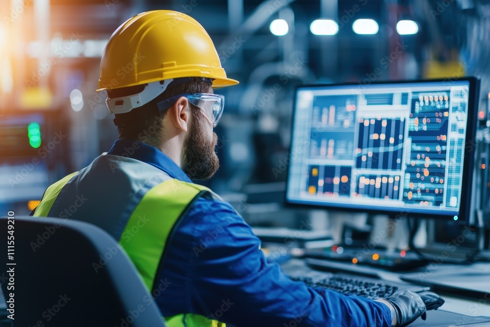 Poster worker analyzing data on computer in industrial environment