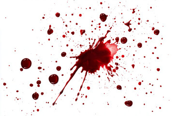 Blood splatter pattern with scattered drops, spreading outward, isolated on a white background.