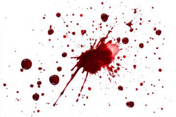 Blood splatter pattern with scattered drops, spreading outward, isolated on a white background.