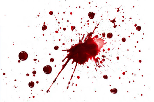Blood splatter pattern with scattered drops, spreading outward, isolated on a white background.