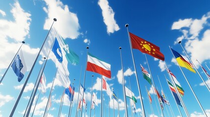Various flags of the world against the blue sky.