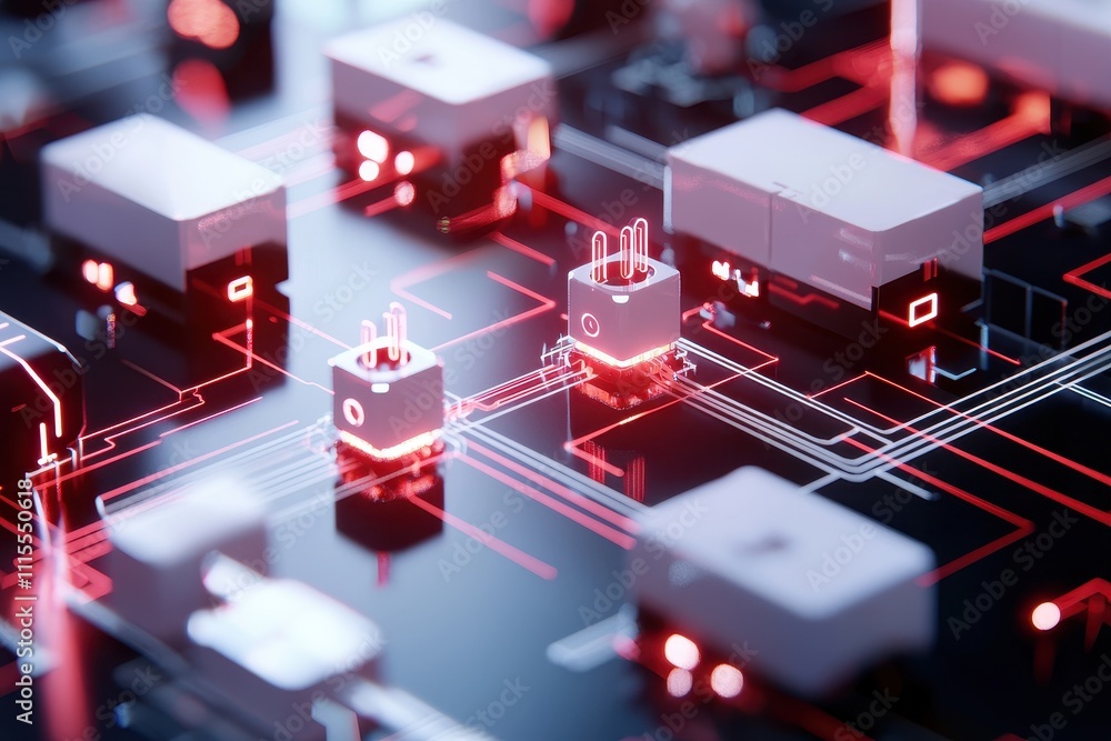 Poster abstract technology circuit board with glowing red elements