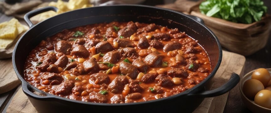 Hearty cili con carne in a rich tomato sauce simmering in a large cast iron pot, kitchenware, pot, meat