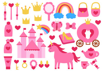 Set of Princess pink elements. Vector flat illustration.