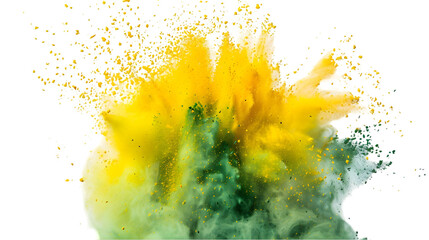 Yellow, Green, Golden colours powder exploding isolated on a transparent background