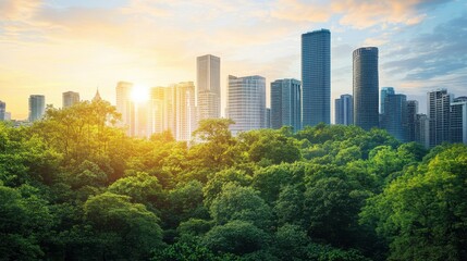 Obraz premium Vibrant Cityscape Surrounded by Lush Greenery at Sunset