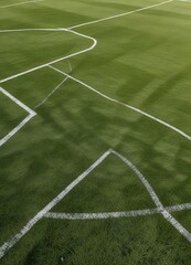 Obraz premium Low-angle view of a soccer field with chalk lines and dynamic shadows, soccer pitches, shadows, sports equipment