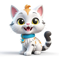 3D cute little cat, cheerful pose, perfect for kids, isolated on a white background.  