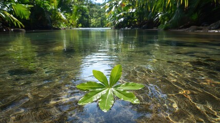 Tranquil Jungle Stream with Leaf Reflected in Clear Water Surface
