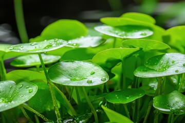 Lush Green Leaves with Water Droplets in Natural Setting
