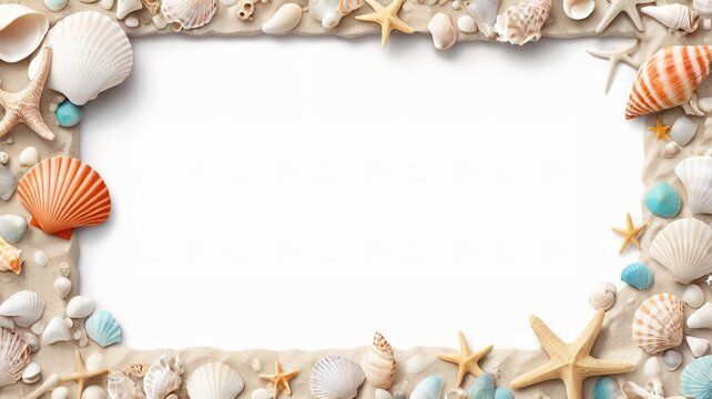 Handmade picture frame adorned with seashells, 2D cartoon illustration on a white backdrop.  