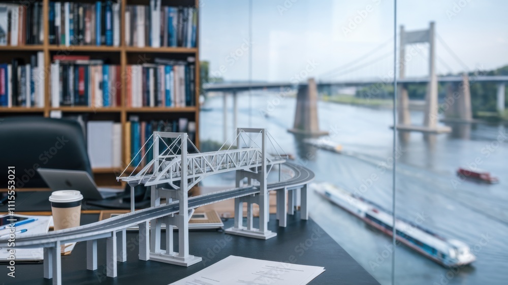 Poster a model bridge sits on a desk with a view of a real bridge over a river.