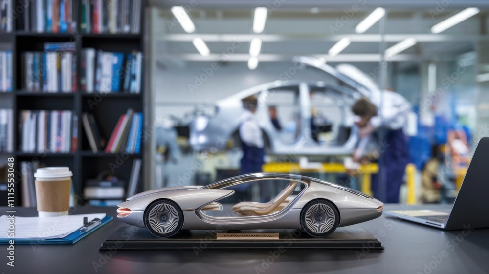 Poster a sleek car model displayed in a design studio with engineers working in the background.