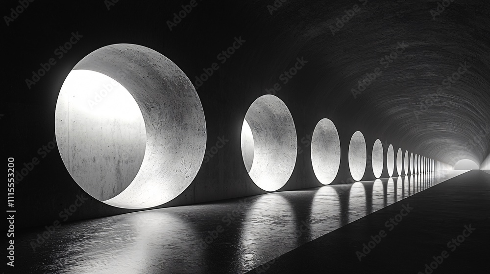 Poster minimalist abstract design featuring circular openings in a dark tunnel with illuminating light