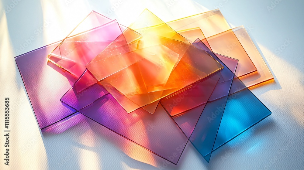 Poster overlapping translucent shapes create a colorful stained glass effect in natural light
