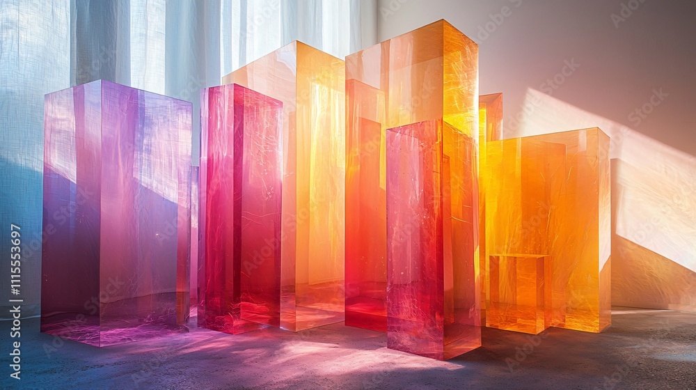 Poster overlapping translucent shapes create a vibrant display of light and color indoors