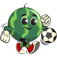 cute watermelon cartoon character playing football or soccer, watermelon mascot cute cartoon characters for icon, mascot, logo, label, poster, banner, print, sticker, clip art