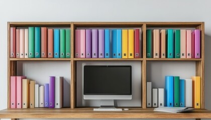 Colorful Bookshelves with Desktop Computer