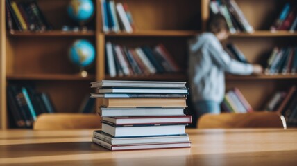 A stack of books on a table with a person organizing books on a shelf in the background.
