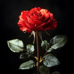 Single red rose on black background.