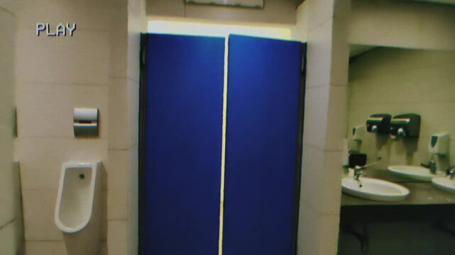 POV footage: eerie empty bathrooms, corridors and stairwells, filmed on VHS tape. Tracking shots through stark institutional spaces without human presence, aka the Backrooms. Liminal space horror.
