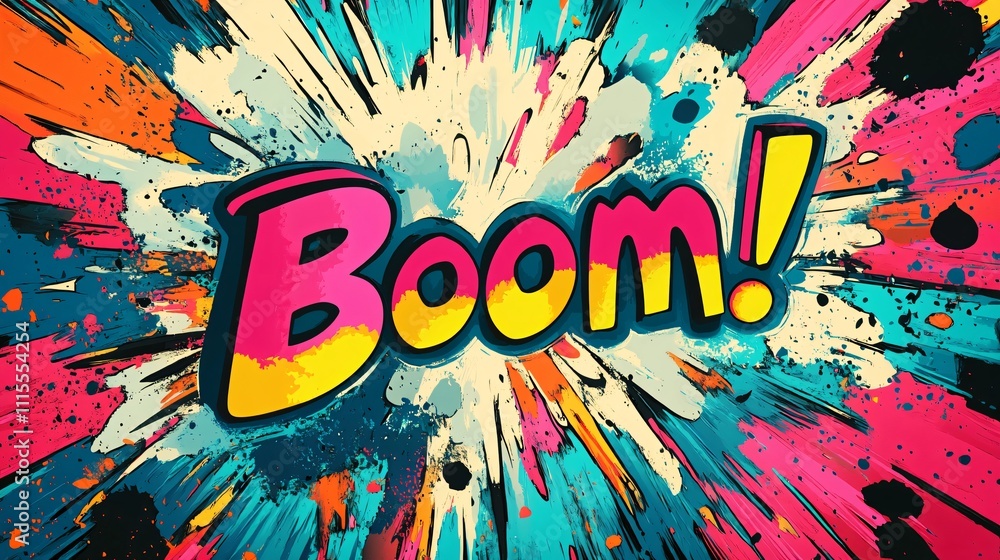 Poster vibrant pop art explosion with colorful text exclaiming a dynamic boom effect