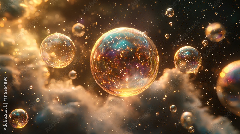 Poster floating smooth bubbles in a cosmic environment filled with shimmering light