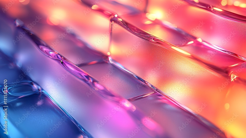 Poster layers of frosted glass illuminated by colorful light reflections in abstract design