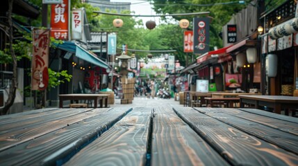 Obraz premium Wooden table background concept of empty space at street market