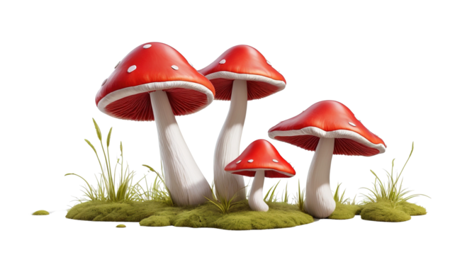 Red mushroom collection, vibrant illustration style, perfect for transparent backgrounds.  