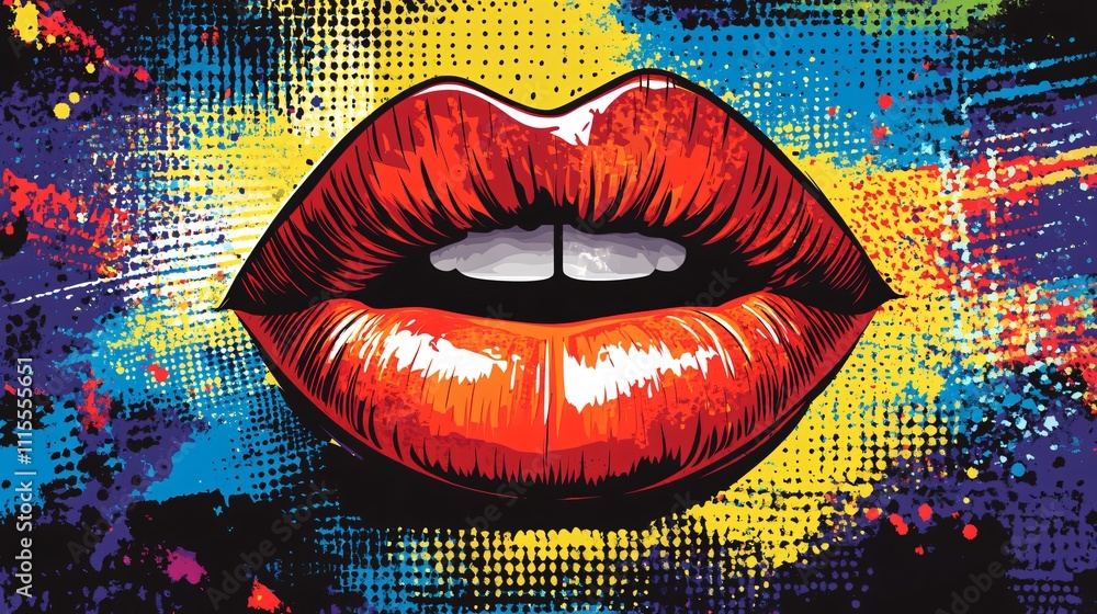 Poster bold red lip print with vibrant colors in abstract style creating a striking visual impact