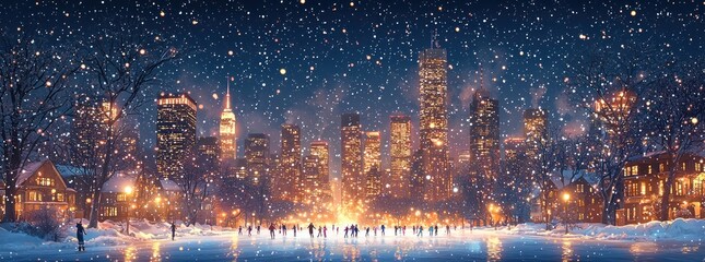 Obraz premium Ice skaters enjoying a snowy evening in a park with illuminated city skyline and festive winter atmosphere Generative AI