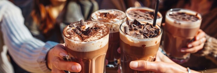 A group of friends enjoying refreshing cacao cocktails on a sunny patio with drinks garnished with chocolate shavings.