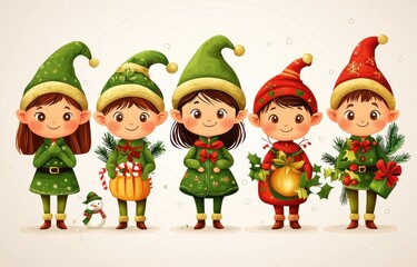 Fototapeta premium Adorable Christmas elves in colorful outfits and hats standing in a snowy festive scene Generative AI