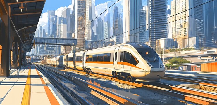 A high-speed train traveling through a city on an elevated bridge, showcasing modern transportation in an urban environment, with the train soaring above the ground amidst city skyscrapers.