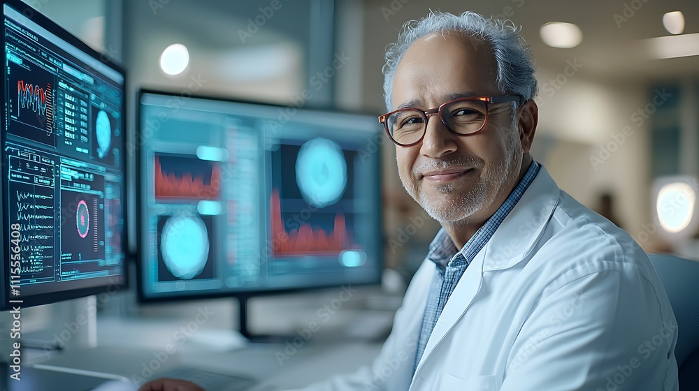 Poster digital interface in healthcare expert scientist conducting data analysis