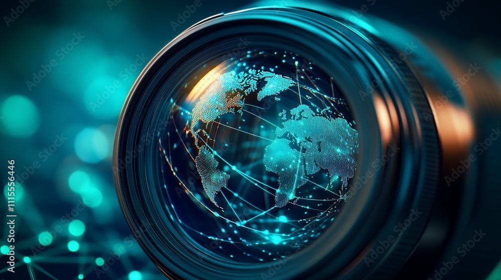 Poster a camera lens focusing on a digital globe with interconnected lines.