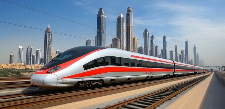 A high-speed train traveling through a city on an elevated bridge, showcasing modern transportation in an urban environment, with the train soaring above the ground amidst city skyscrapers.