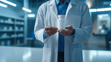 Pharmaceutical research action scientist holding medicine bottle in laboratory environment