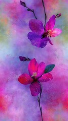   A painting depicts pink and purple flowers against purple-pink backdrop with green stems and two pink blooms featuring green foliage