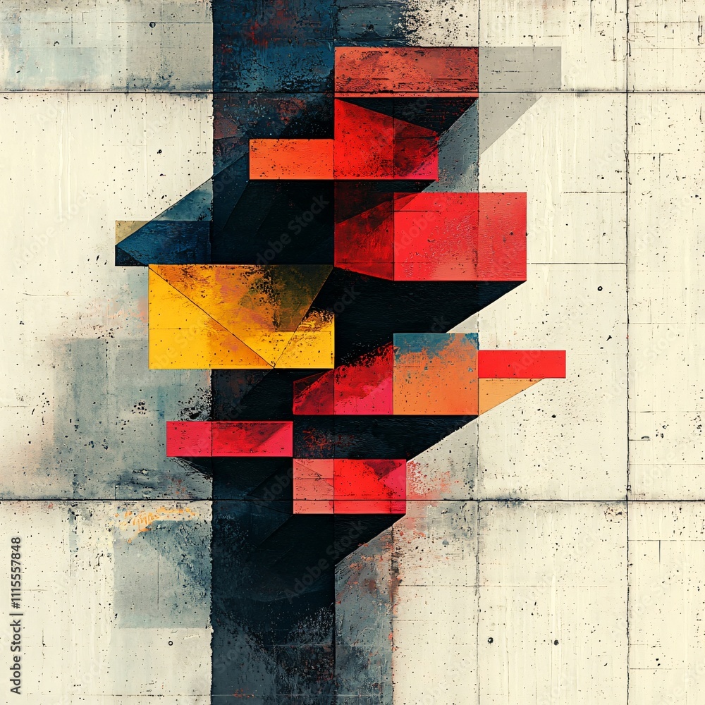 Poster unique geometric art composition featuring vibrant colors and dynamic shapes on a textured backdrop