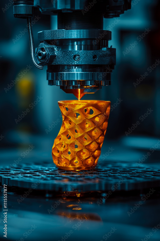 Poster a complex orange structure is being formed using advanced 3d printing technology in a well-equipped 